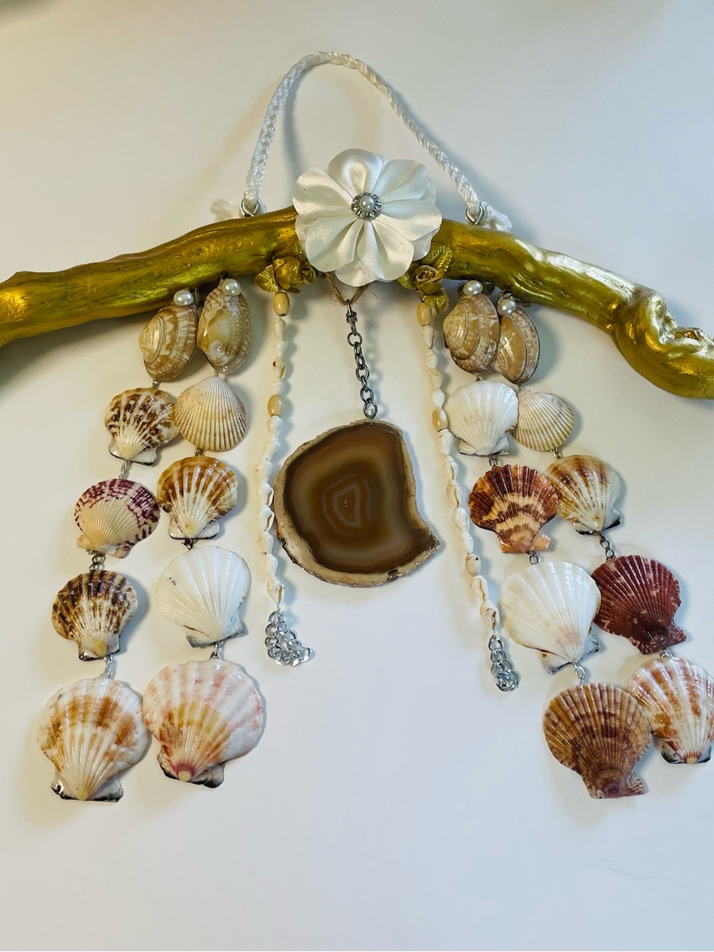 Seashell & Agate Driftwood Wall Hanging - Natural Browns & Creams